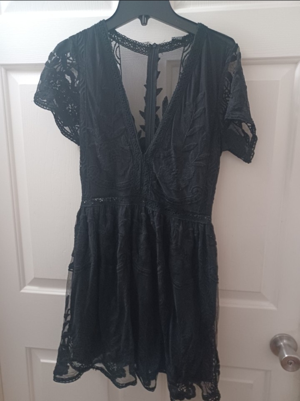 Black Lace Short Sleeve V-Neck Dress